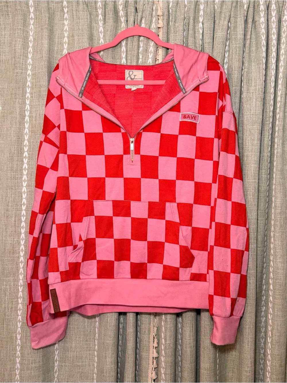 AMPERSAND AVE Pink and Red Checker Half-Zip Hoodie